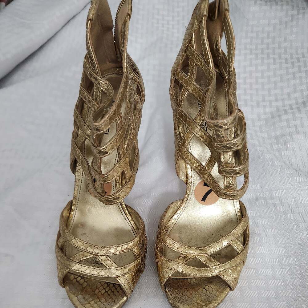 MICHAEL Michael Kors‎ Gold Snake-Embossed Caged Gladiator Heeled Sandals